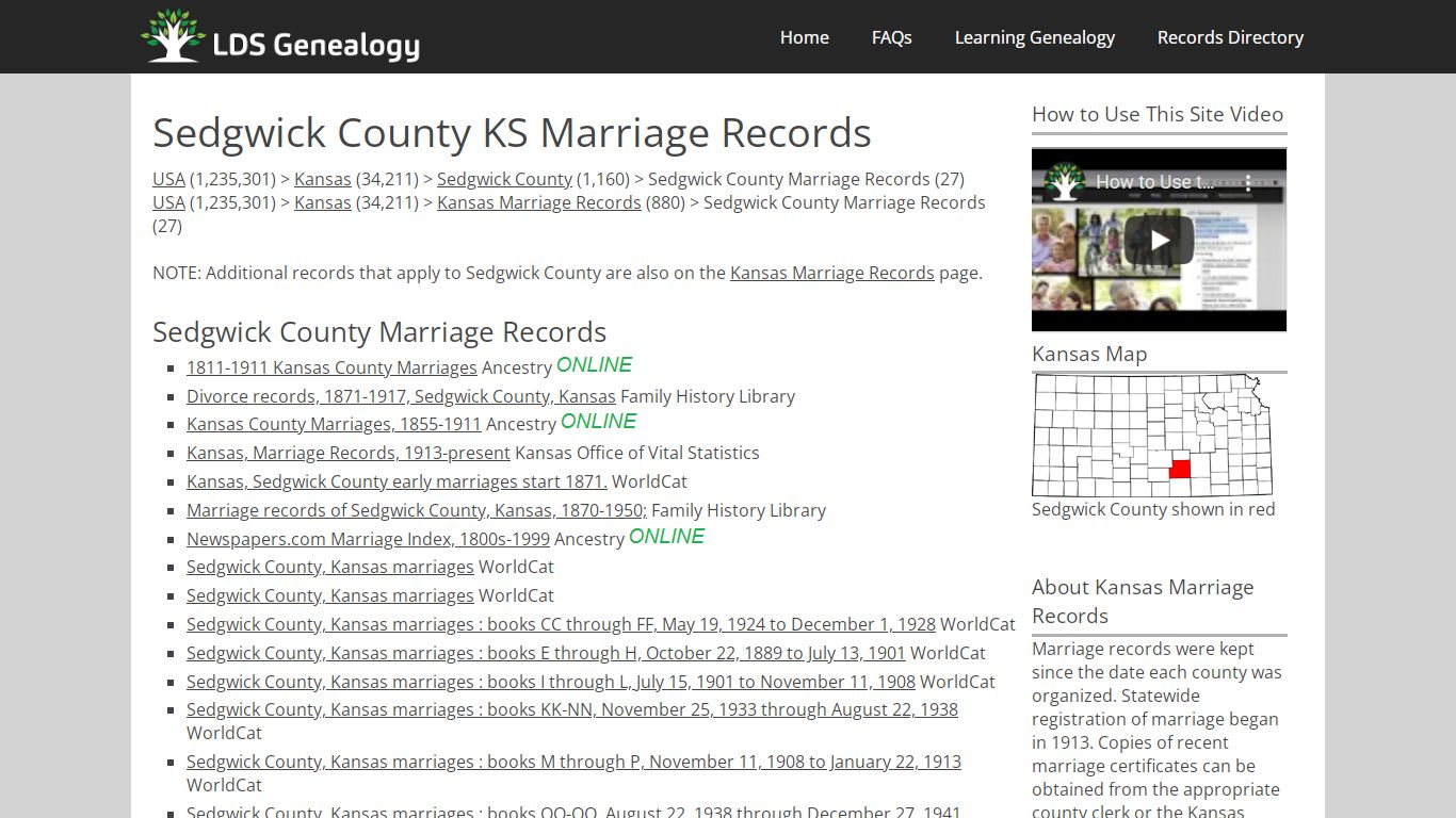 Sedgwick County KS Marriage Records - LDS Genealogy